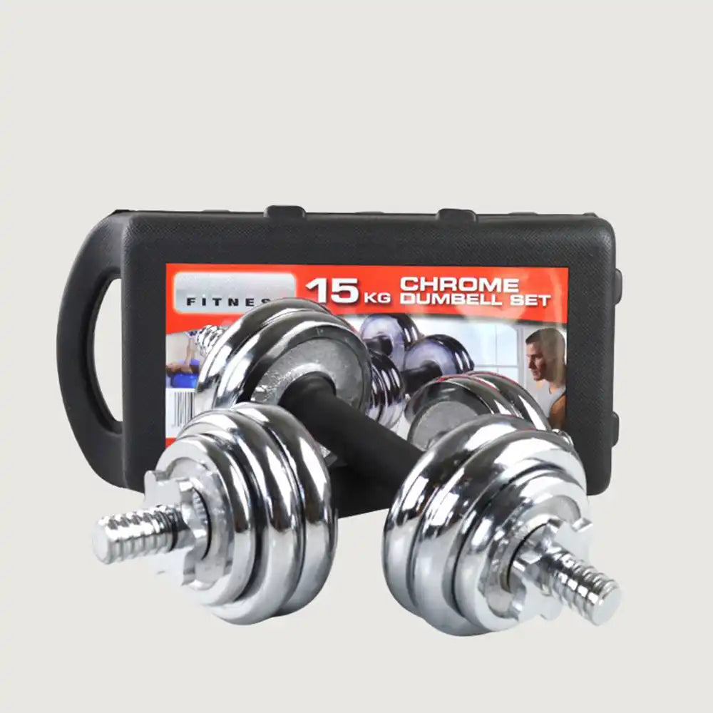 Adjustable Chrome Dumbbells with Case - 15 kg Set - Dumbbells Adjustable - Pro Sports | Shop online in Kuwait