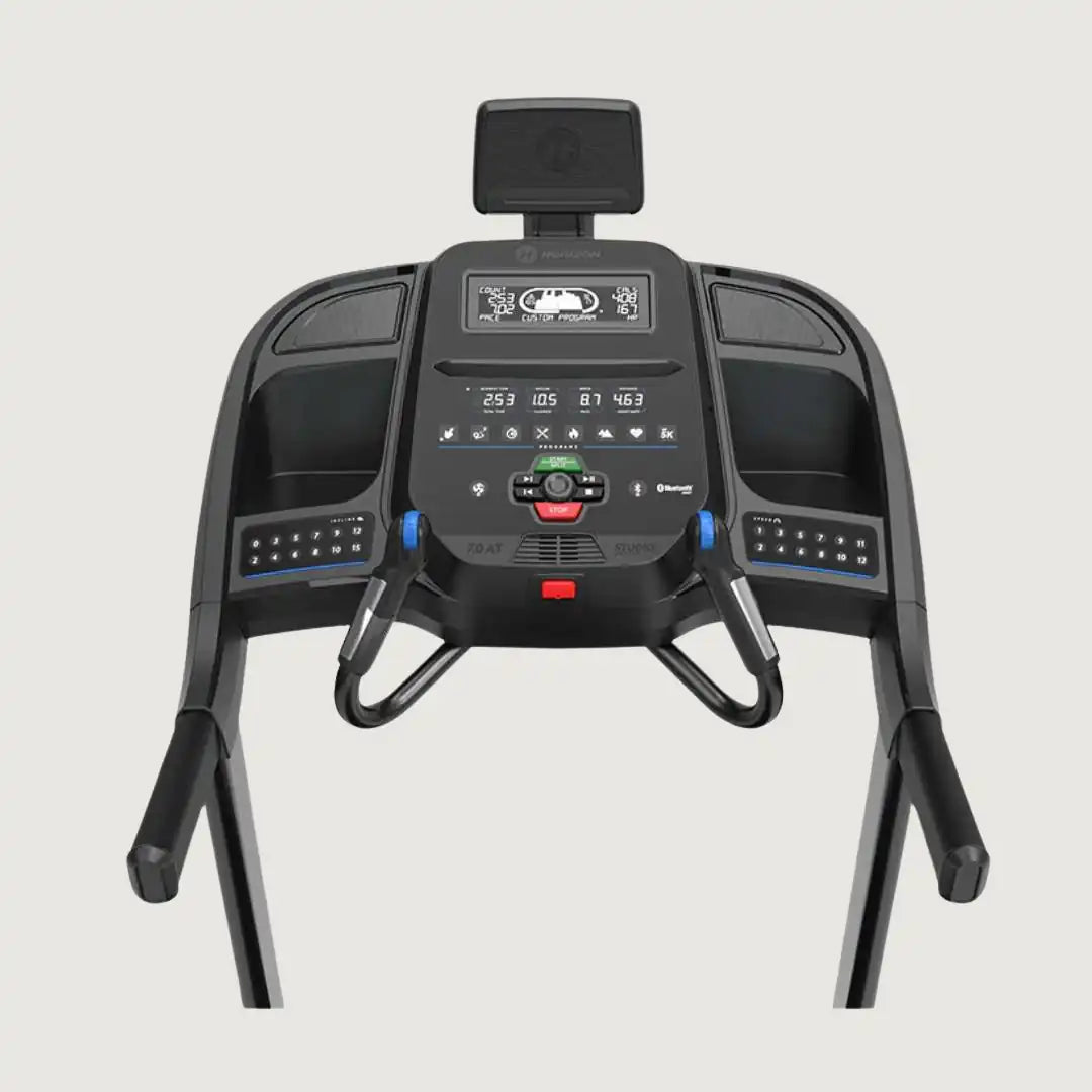 Close-up view of Horizon treadmill console and control panel