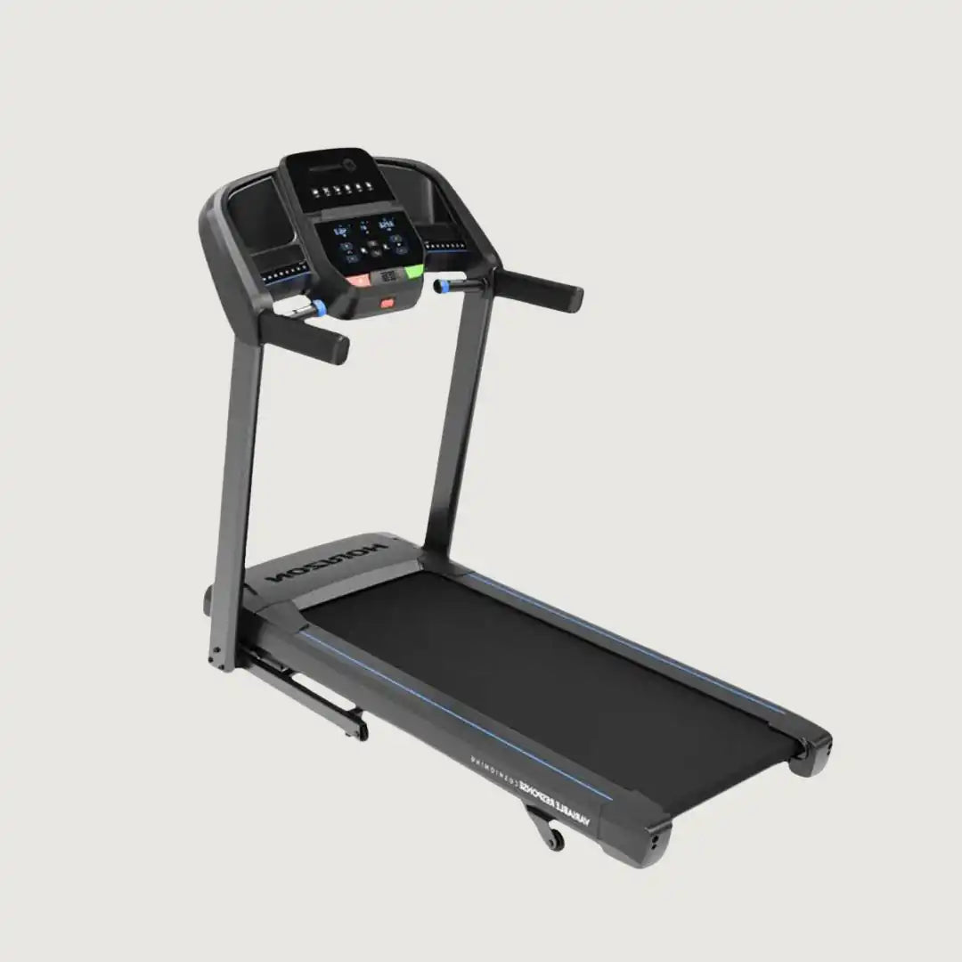 Angled view of Horizon treadmill with black console and handrails