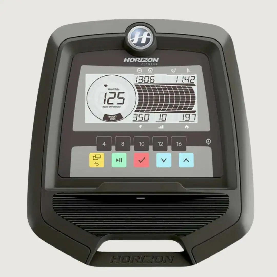 Close-up of Horizon elliptical machine console with workout display