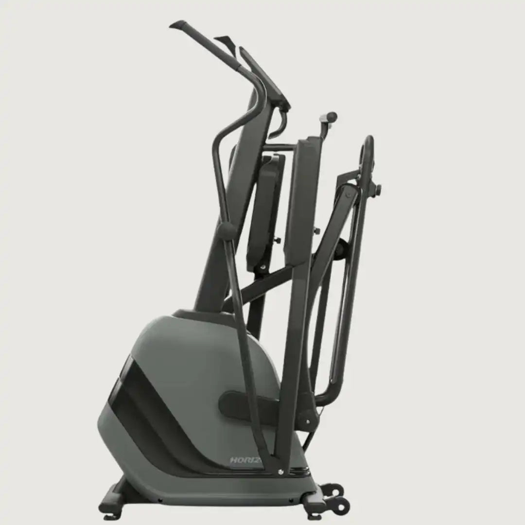 Folded side view of Horizon elliptical machine showing compact storage