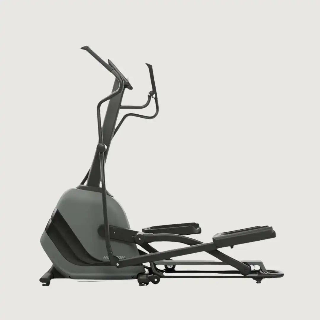 Side view of Horizon elliptical machine with extended foot pedals