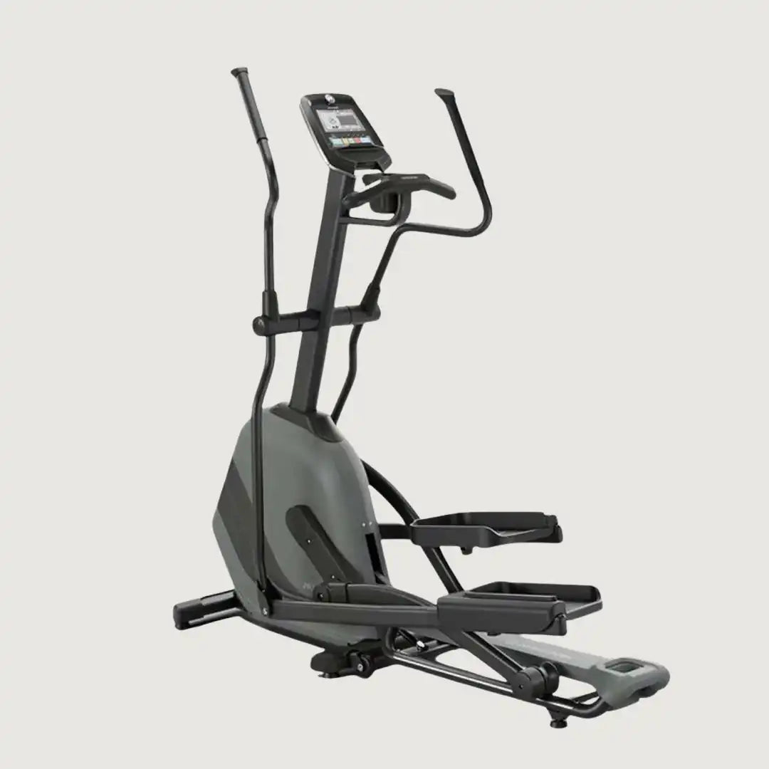 Rear view of Horizon elliptical showing back panel and upright handlebars