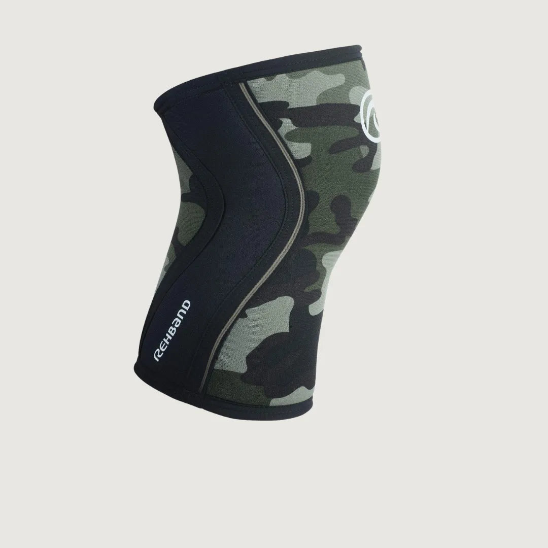 Rehband camo knee sleeve front view showing interior branding and curved black paneling
