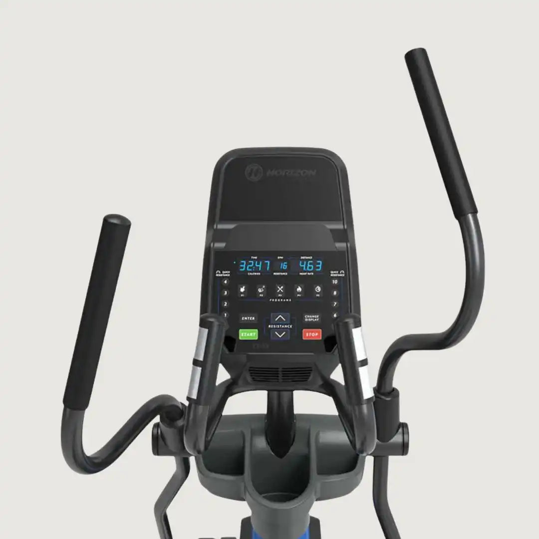Close-up of Horizon elliptical console with detailed resistance controls