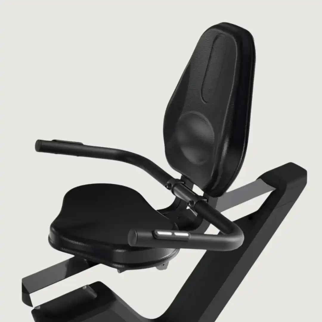 Ergonomic seat and handlebars of Horizon recumbent bike with pulse grips