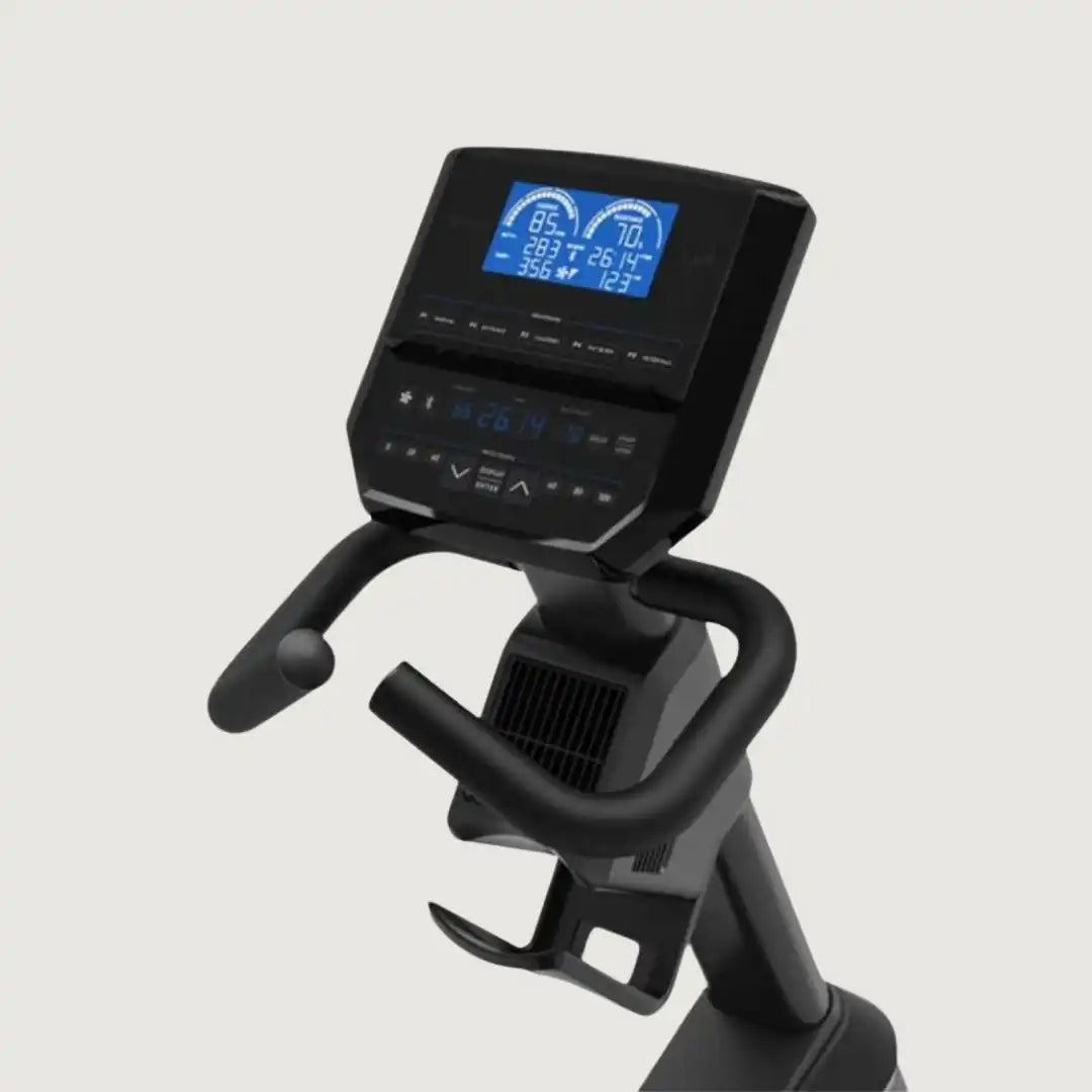 Close-up of Horizon recumbent bike console with digital metrics display