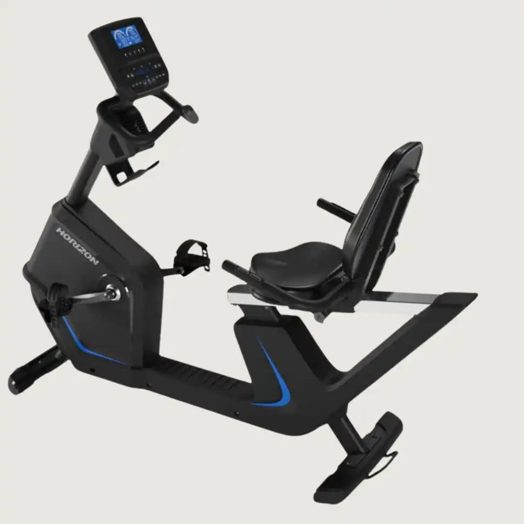 Side view of Horizon 5.0R recumbent bike with ergonomic seat and console