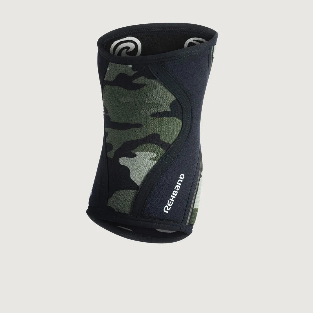Rear view of Rehband camo knee sleeve featuring bold camouflage pattern and white logo