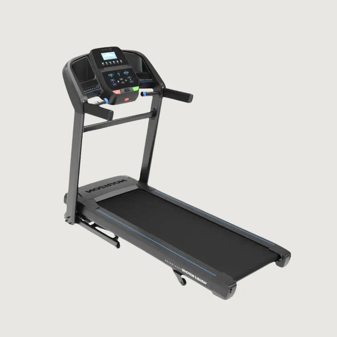 Front angled view of a Horizon treadmill showing console, running deck, and Variable Response Cushioning label.