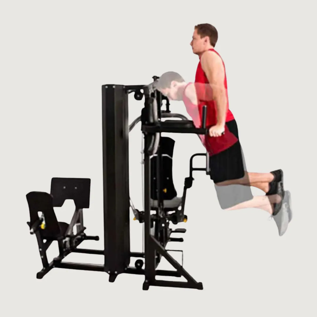 Man doing assisted dips using the vertical dip station on the side of the multi-gym machine.