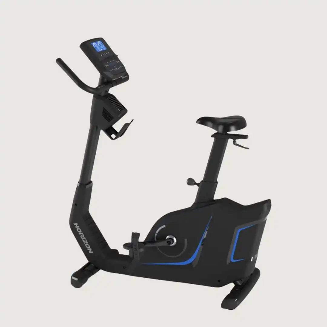 Side view of Horizon upright exercise bike with console and saddle