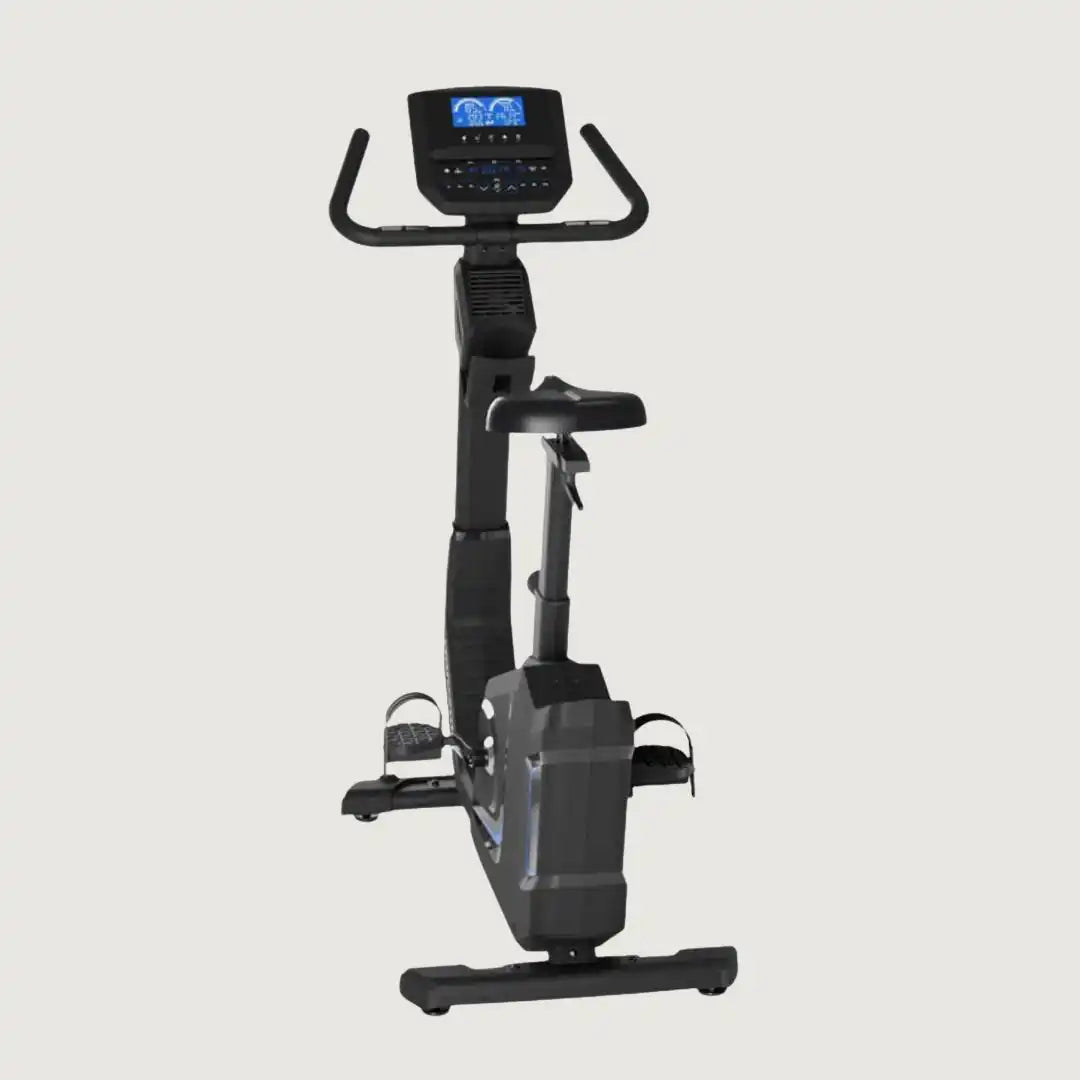 Rear view of Horizon upright bike showing frame and seat adjustment