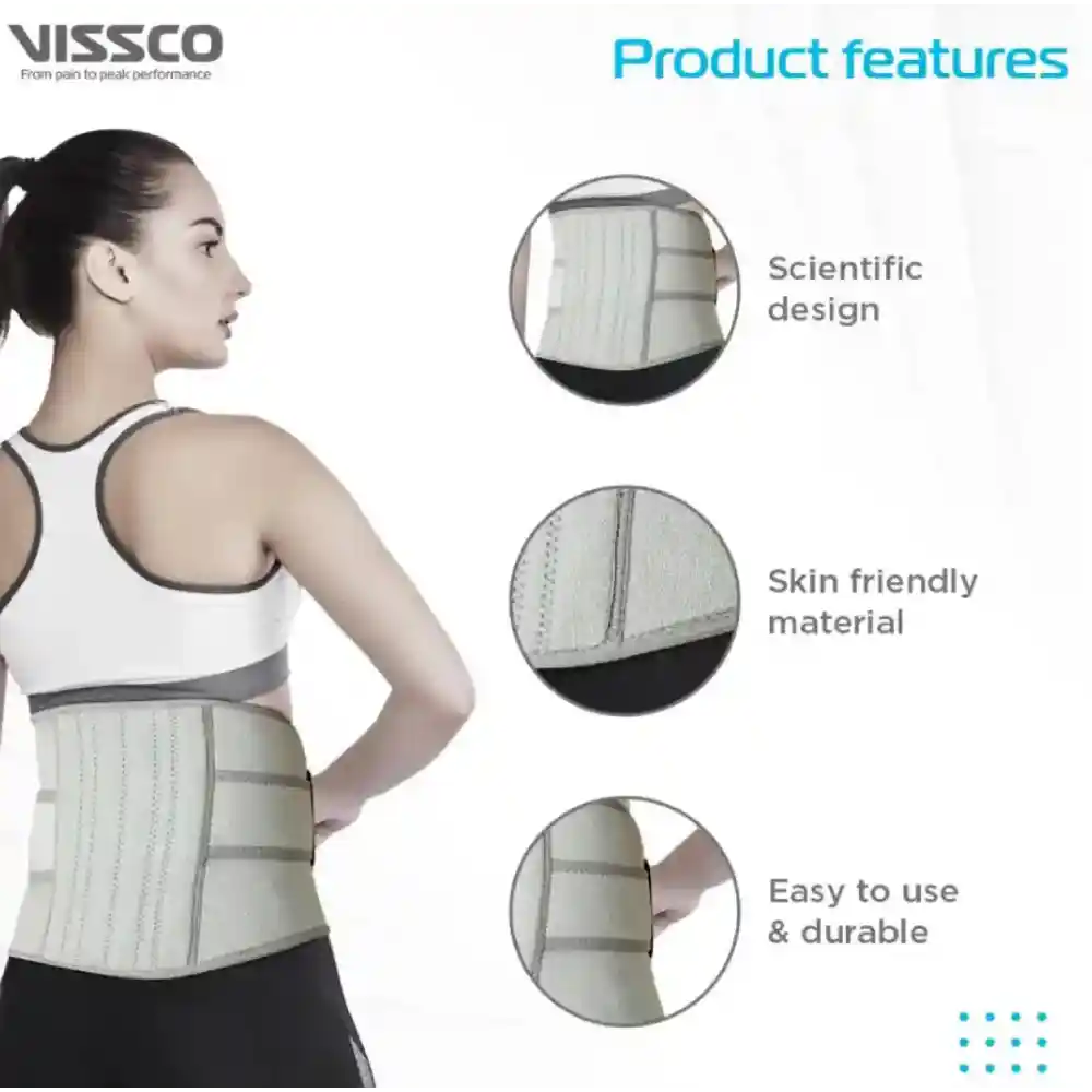 Woman wearing a back support brace with product features highlighted on a white background