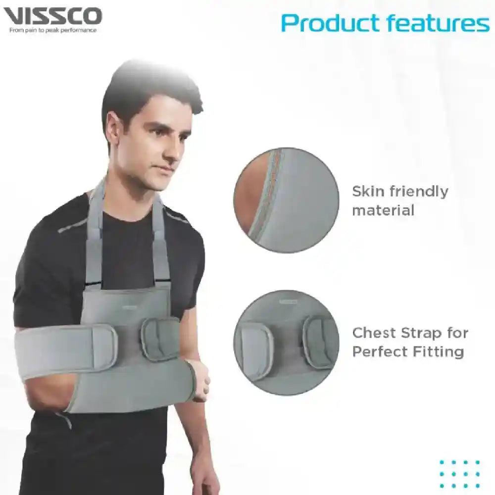 Man wearing a gray shoulder brace with product features highlighted on a white background