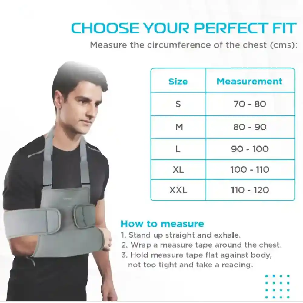 Measurement chart for choosing the perfect fit of a chest support brace with a man wearing the brace.