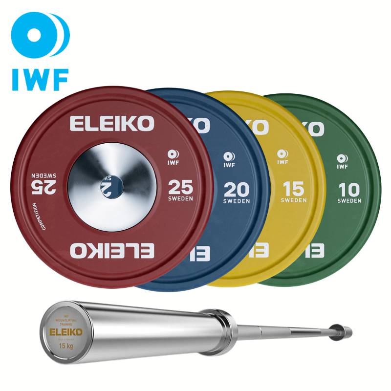 Eleiko IWF Weightlifting Competition Plates and Training Bar 15 kg - Bundle