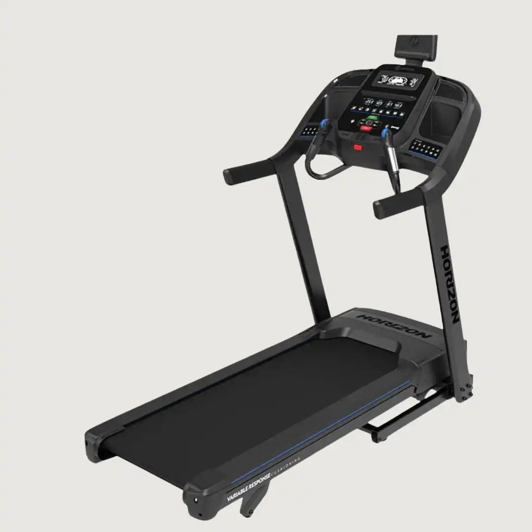 Side view of Horizon treadmill showing full structure and belt