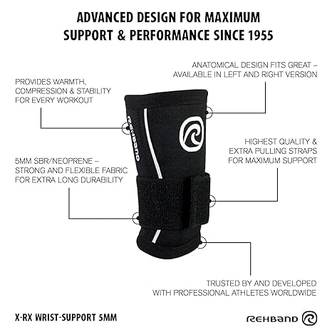 Black wrist support brace with text highlighting features and branding on a white background