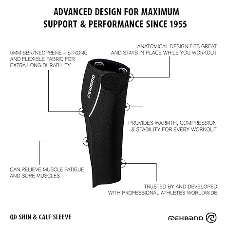 Rehband QD Shin & Calf-Sleeve with features listed on a white background