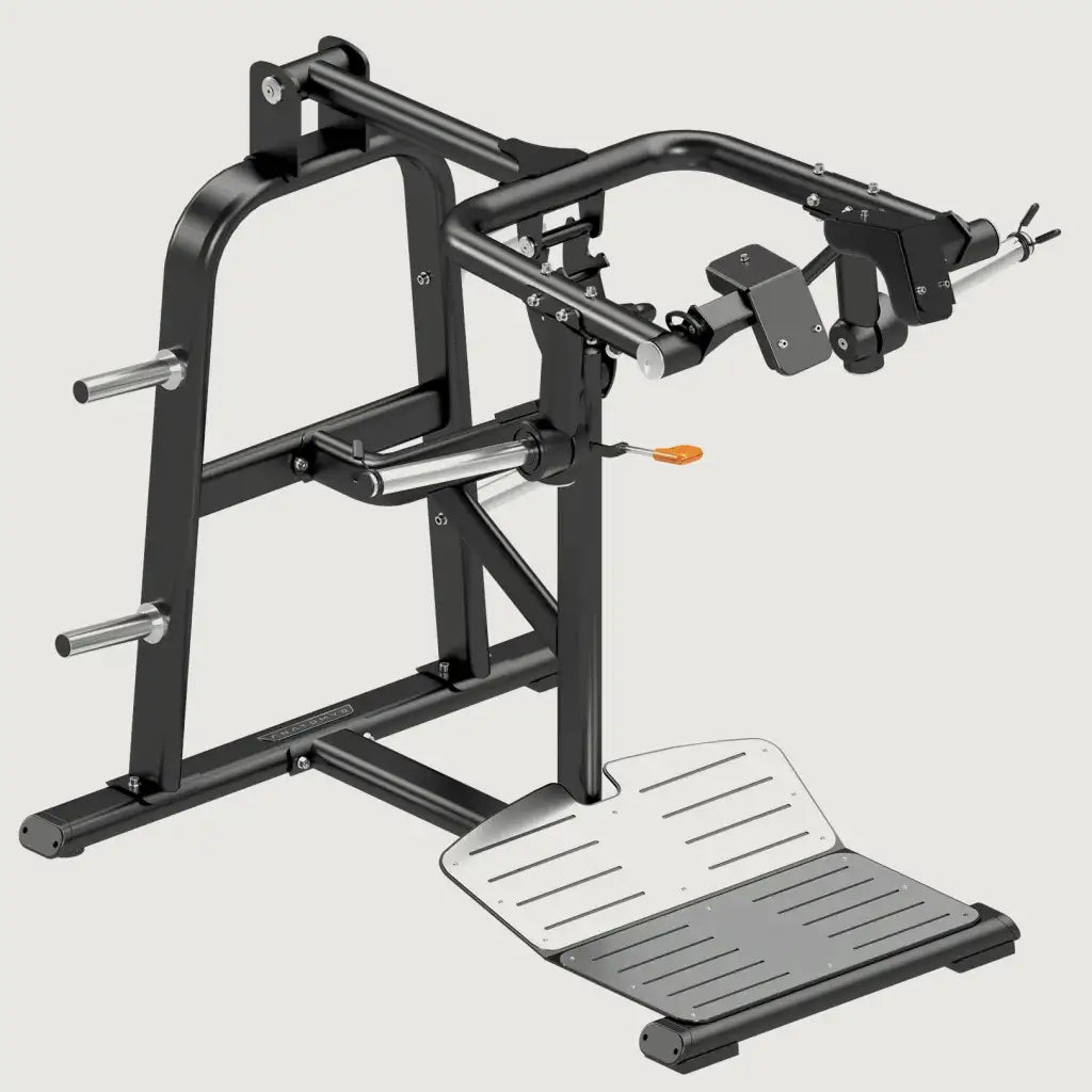 A black and gray power squat machine designed for strength training of the lower body muscles.