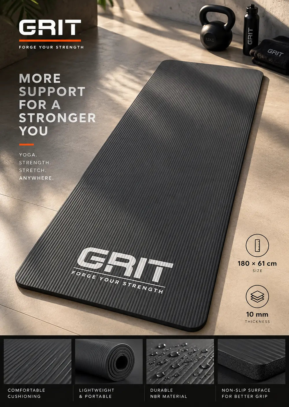 GRIT NBR Exercise Yoga Mat - 10 mm