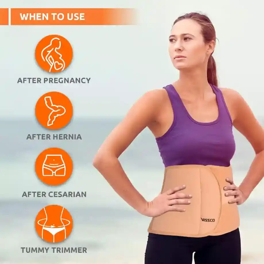 Woman wearing a beige tummy trimmer with icons and text indicating its uses after pregnancy, hernia, cesarian section, and as a tummy trimmer.