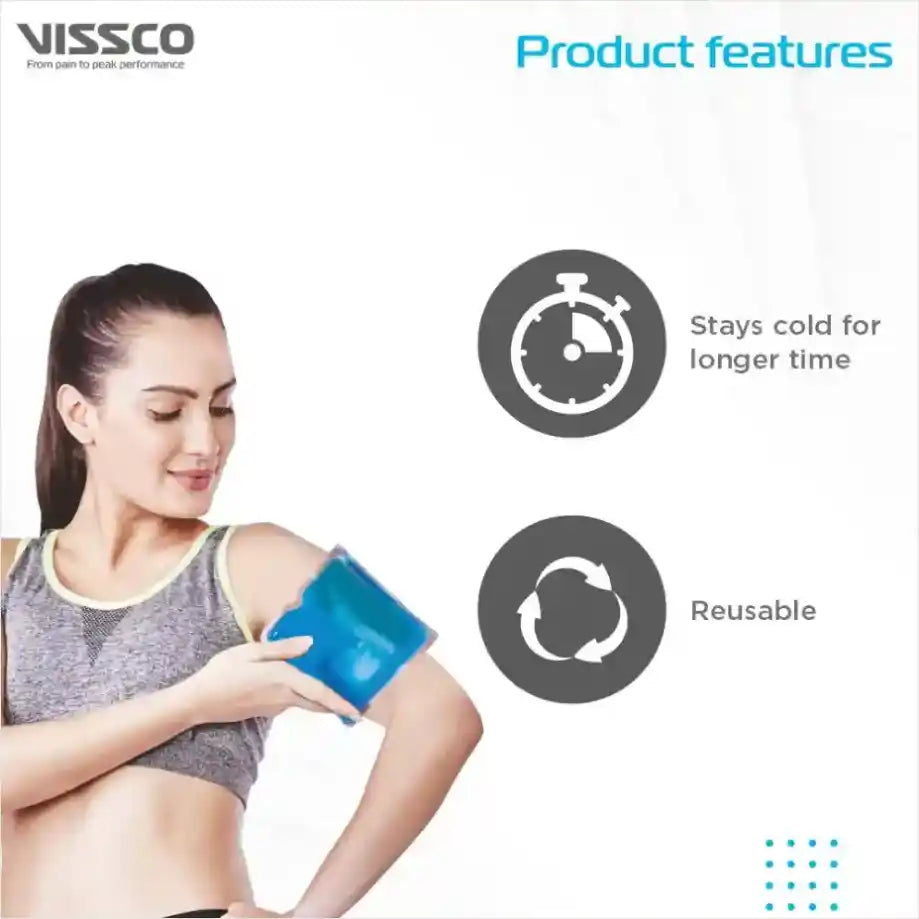 Woman using a cold pack with VISSCO branding and product features highlighted.