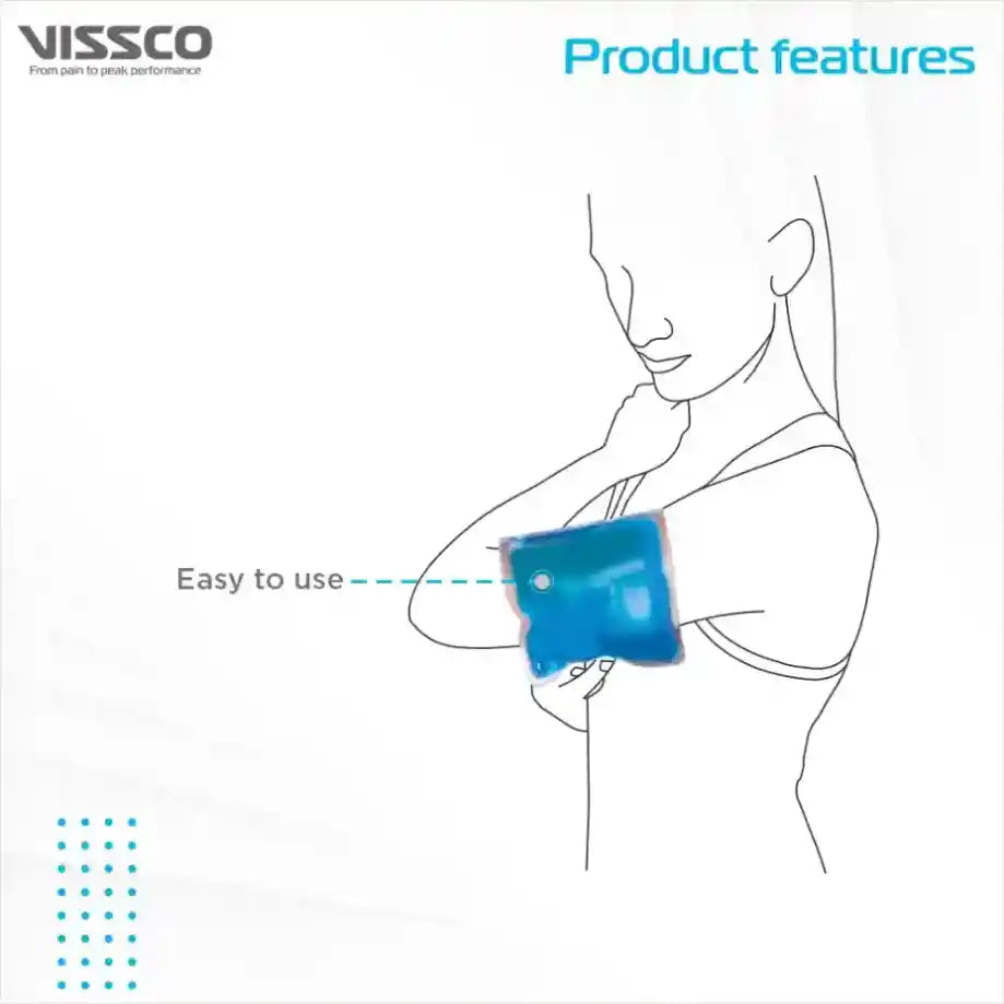 Illustration of a person using a blue ice pack on their shoulder with 'VISSCO' branding and text about product features.