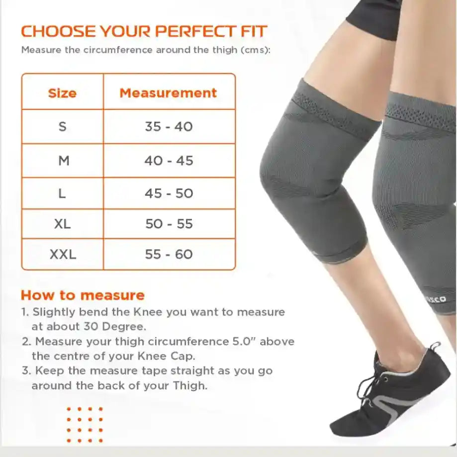 Measurement chart for knee support size guide with a person wearing gray knee support.