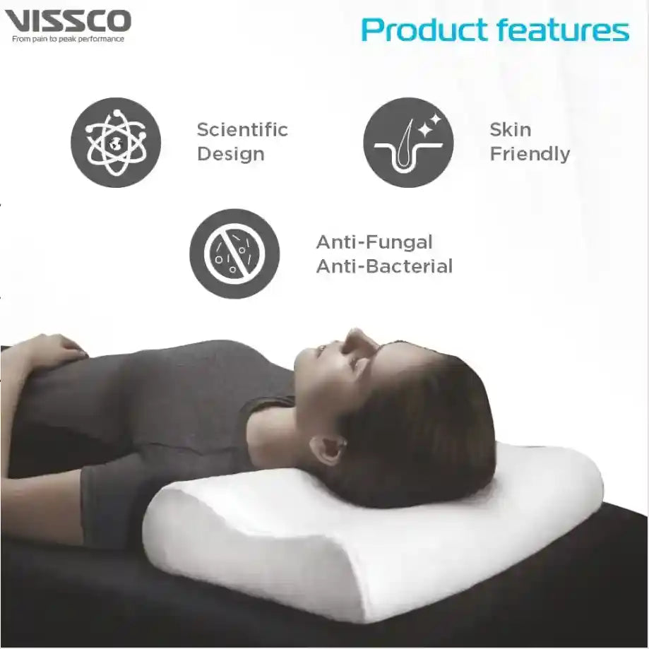 Person lying on a white pillow with Viissco branding and product features listed.