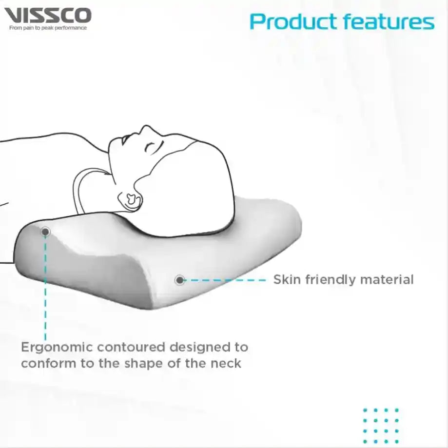Diagram of a neck pillow with text highlighting features, labeled 'VISSCO'.