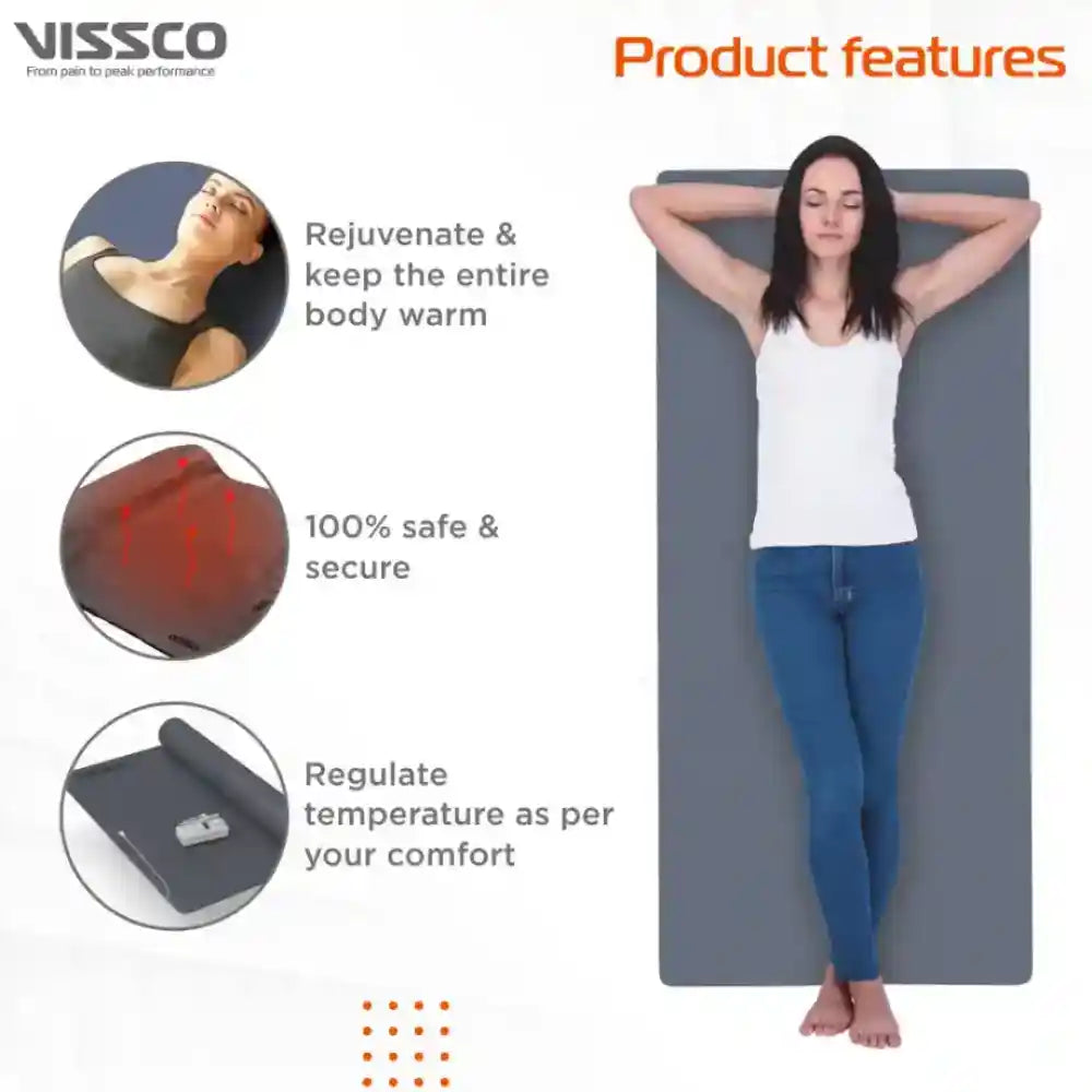 Woman lying on a heating pad with VISSCO branding and product features listed.