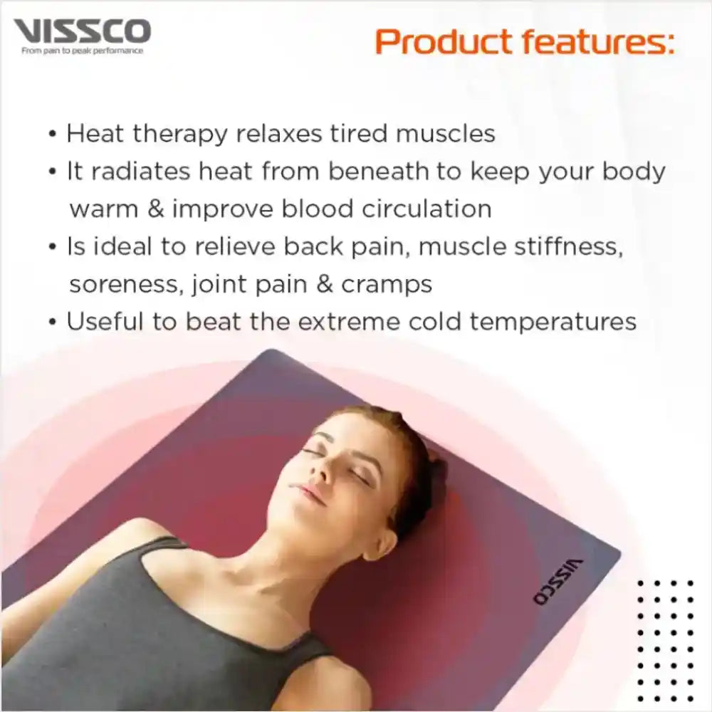 Woman lying on a heat therapy mat with product features listed above.
