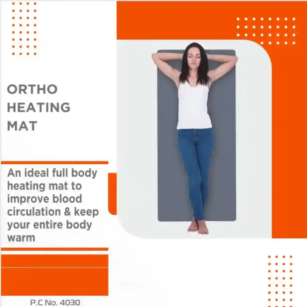 Woman lying on an ortho heating mat with promotional text about its benefits.