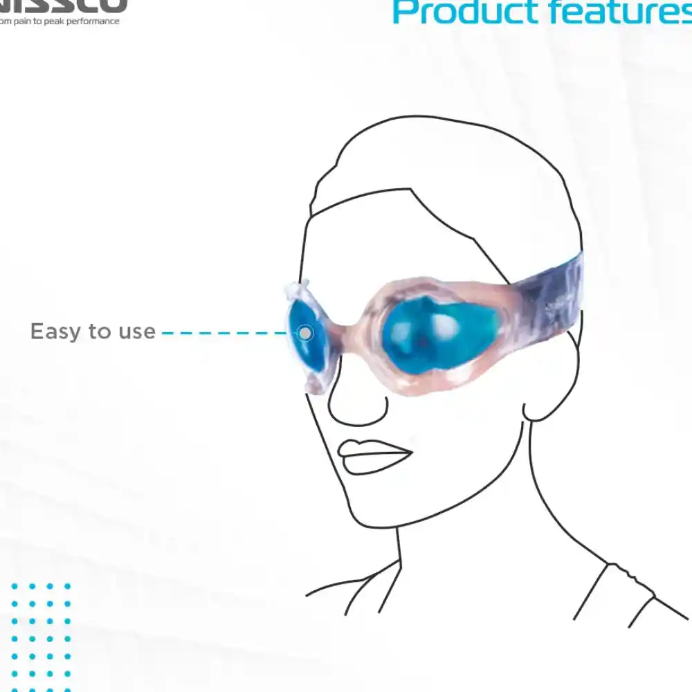Illustration of a person wearing a blue eye mask with text indicating 'Easy to use'.
