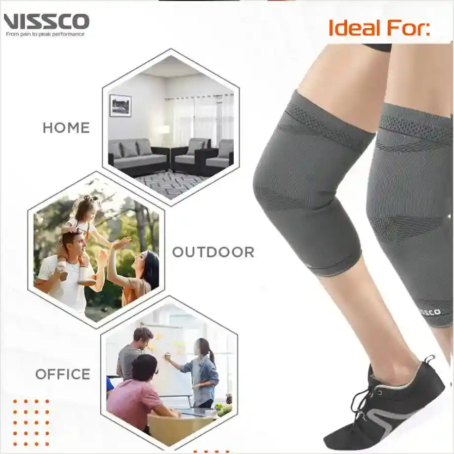 Gray knee brace with lifestyle images of home, outdoor, and office scenes on a white background.