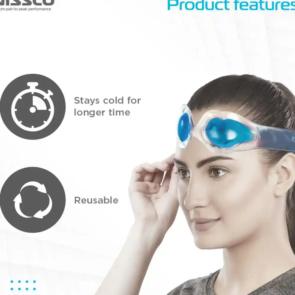 Woman wearing a cold therapy mask with product features highlighted on a white background