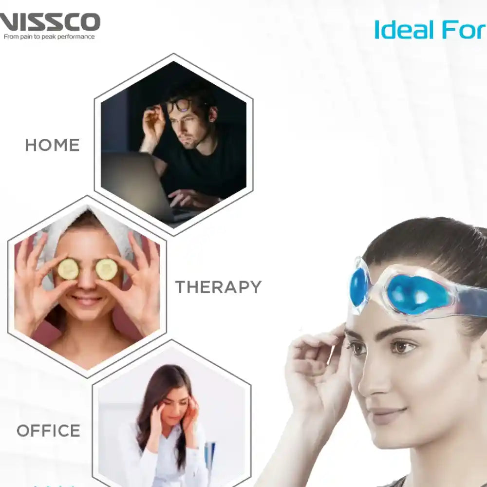 Advertisement for Nissco eye masks showing their use in home, therapy, and office settings.