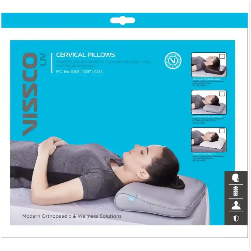 Vissco cervical pillow packaging with a woman lying on it against a blue background