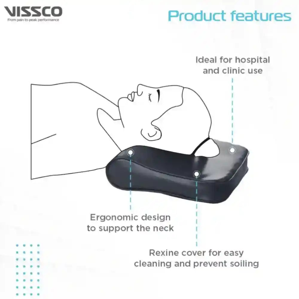 Neck support pillow with features highlighted on a white background