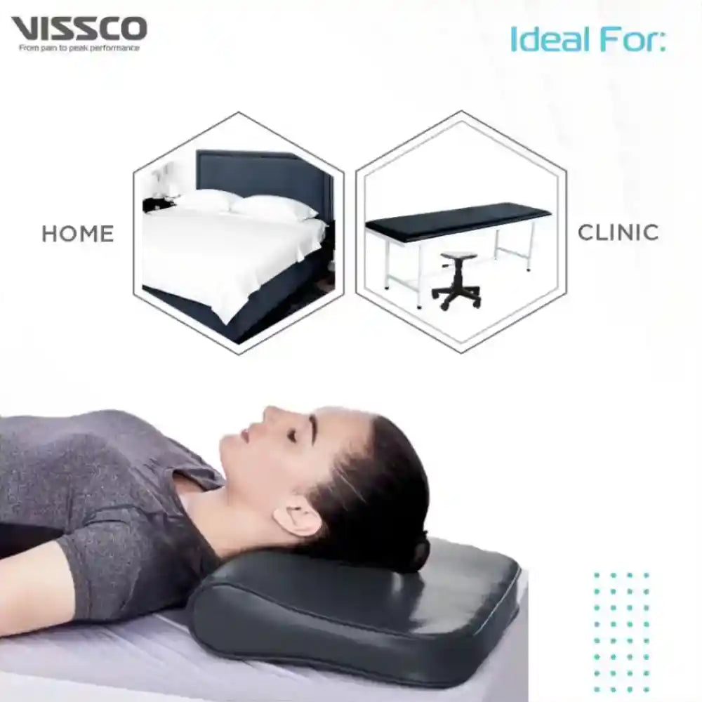 Person lying on a pillow with 'VISSCO' branding, shown in home and clinic settings.