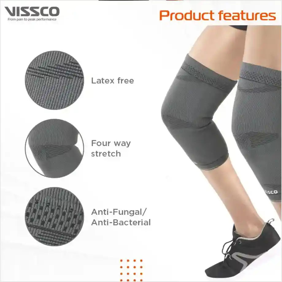 Gray knee brace with Vissco branding and product features on a white background