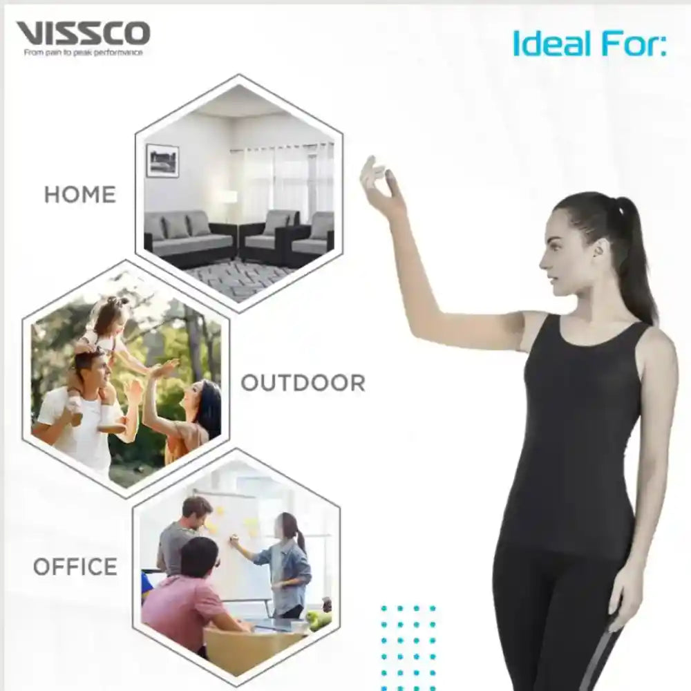 Promotional image of VISSCO products with a woman pointing at a screen, ideal for home, outdoor, and office use.