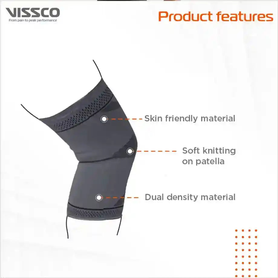 Knee support brace with VISSCO branding and product features highlighted on a white background.