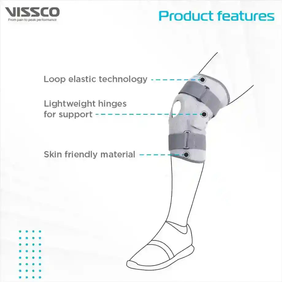 Diagram of a knee brace with features labeled, including 'Loop elastic technology', 'Lightweight hinges for support', and 'Skin friendly material'. Brand 'VISSCO' is visible at the top.