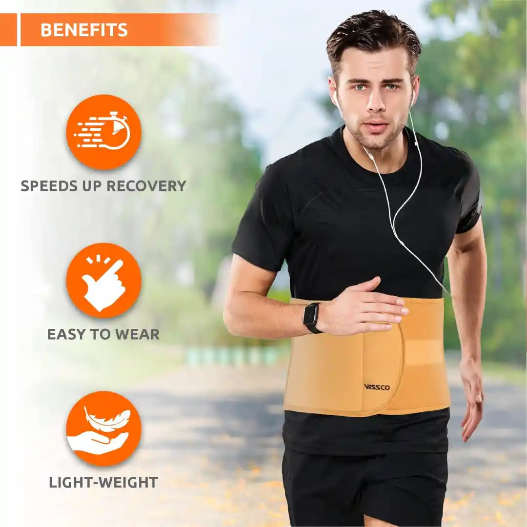 Man wearing a waist trainer with benefits listed on an outdoor background