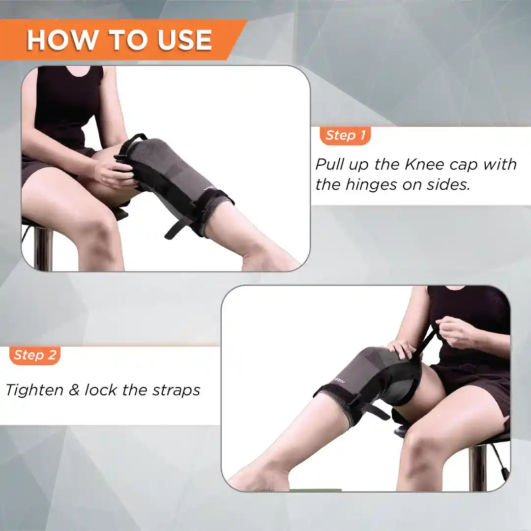 Instructions on how to use a knee brace with text and images of a person applying it.