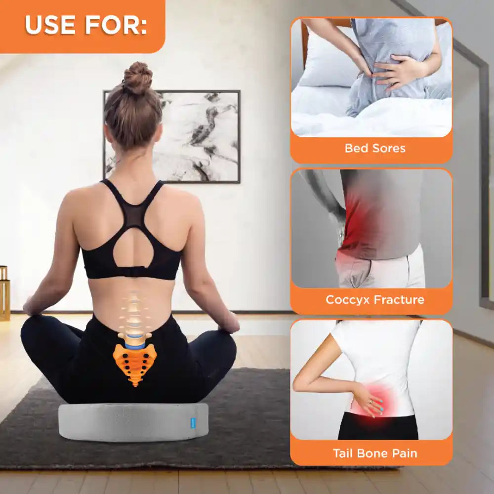 Person using a device on their back with images of conditions it helps treat.