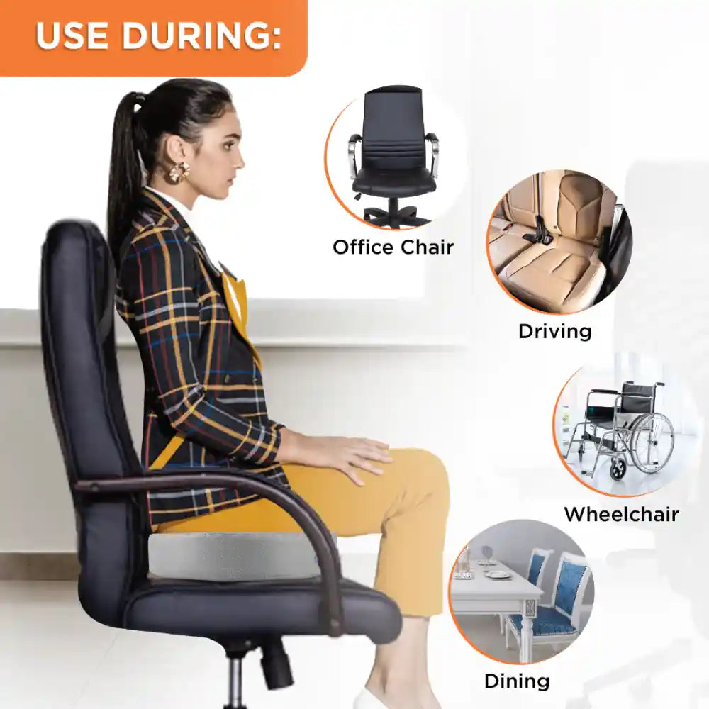 Woman sitting on a black office chair with icons indicating its use in various settings.